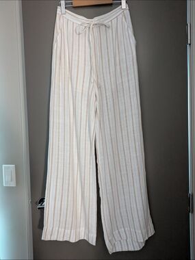 Dex Linen Blend Wide Leg Pants Medium Beige Stripe Coastal Summer Resort